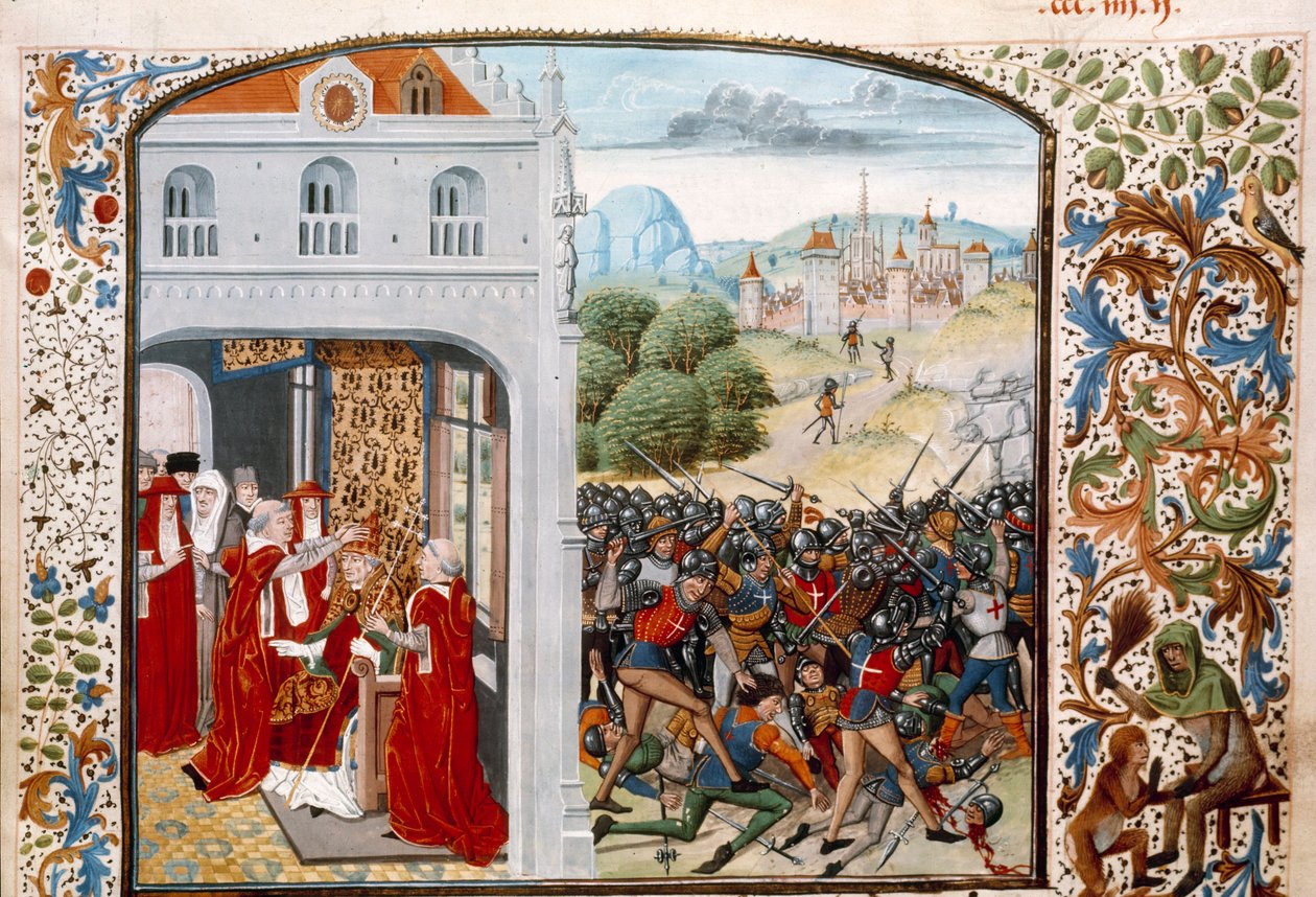 Hundertjähriger Krieg: „Papst Gregor XI. (1329-1378) gekrönt in Avignon im Jahr 1370. Die Schlacht von Pontvallain zwischen Franzosen und Engländern am 04.12.1370“ Miniatur aus „Chroniken“ von Jean Froissart (1337-1400) 15. Jahrhundert Paris. B.N. von Unknown artist