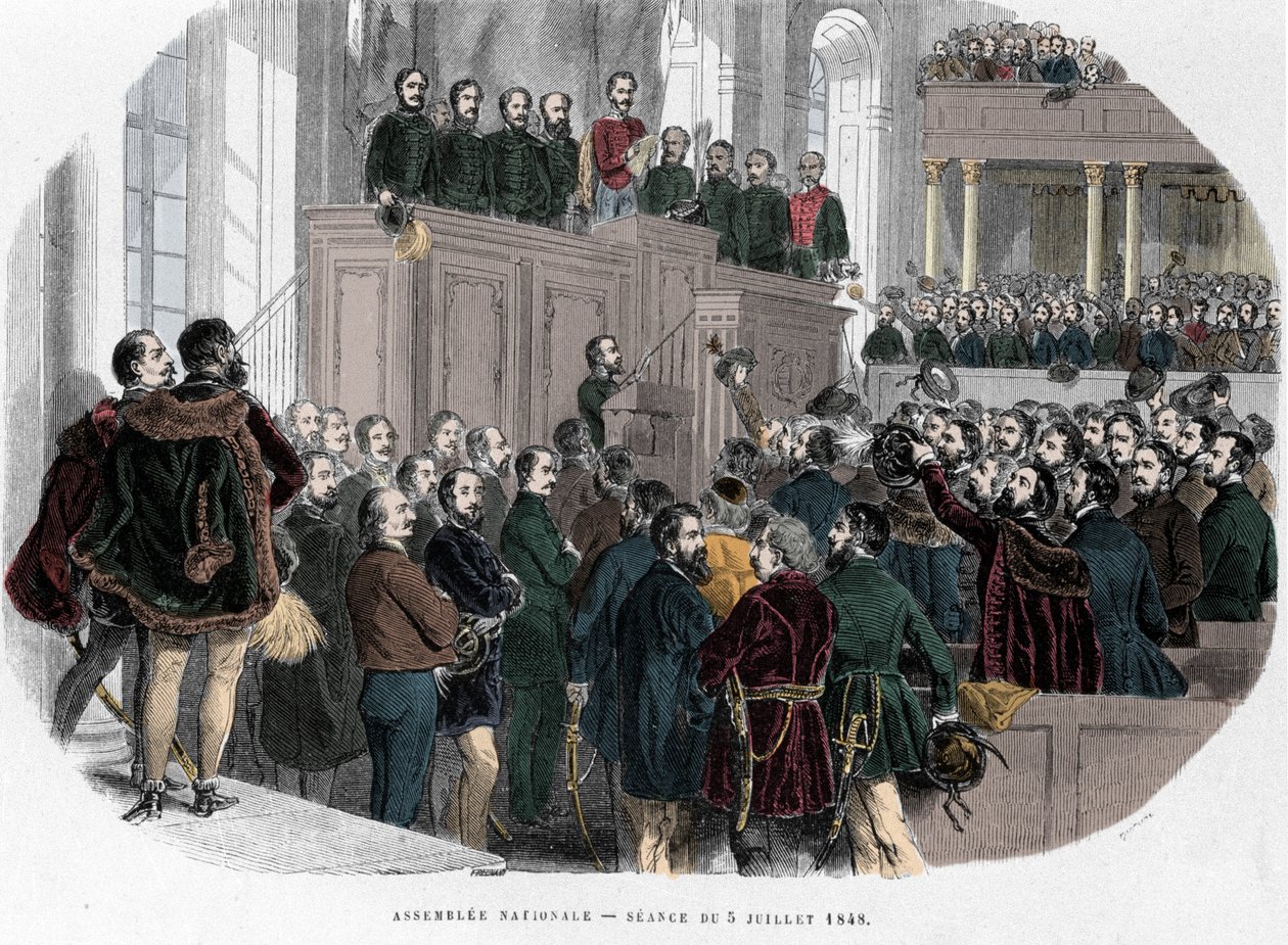 Ungarische Revolution von 1848: Erste Sitzung der Nationalversammlung in Ungarn am 5. Juli 1848. Gravur in „Ungarn Historique von J. Boldenyi Paris 1853“ von Unknown artist