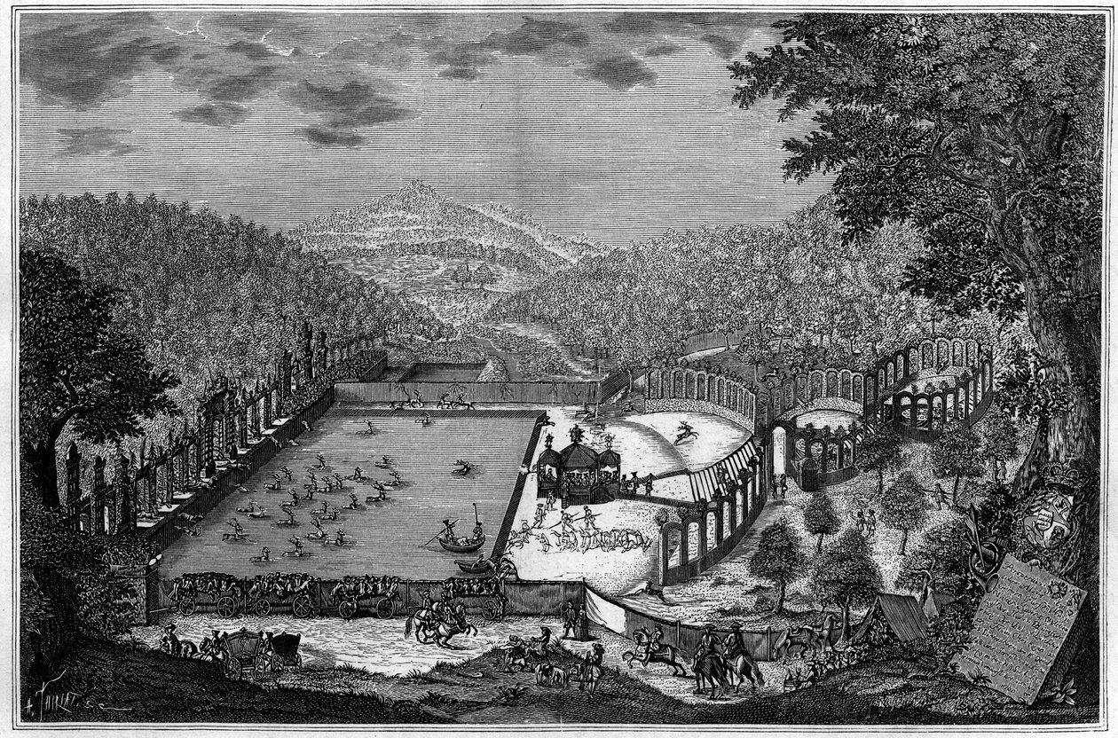 Jagd in Deutschland im 18. Jahrhundert: eine Hirschjagd bei Leonberg im Jahr 1748. (Nach einer Fotografie). Gravur in „La Nature: revue des sciences et de leurs applications aux arts et à l