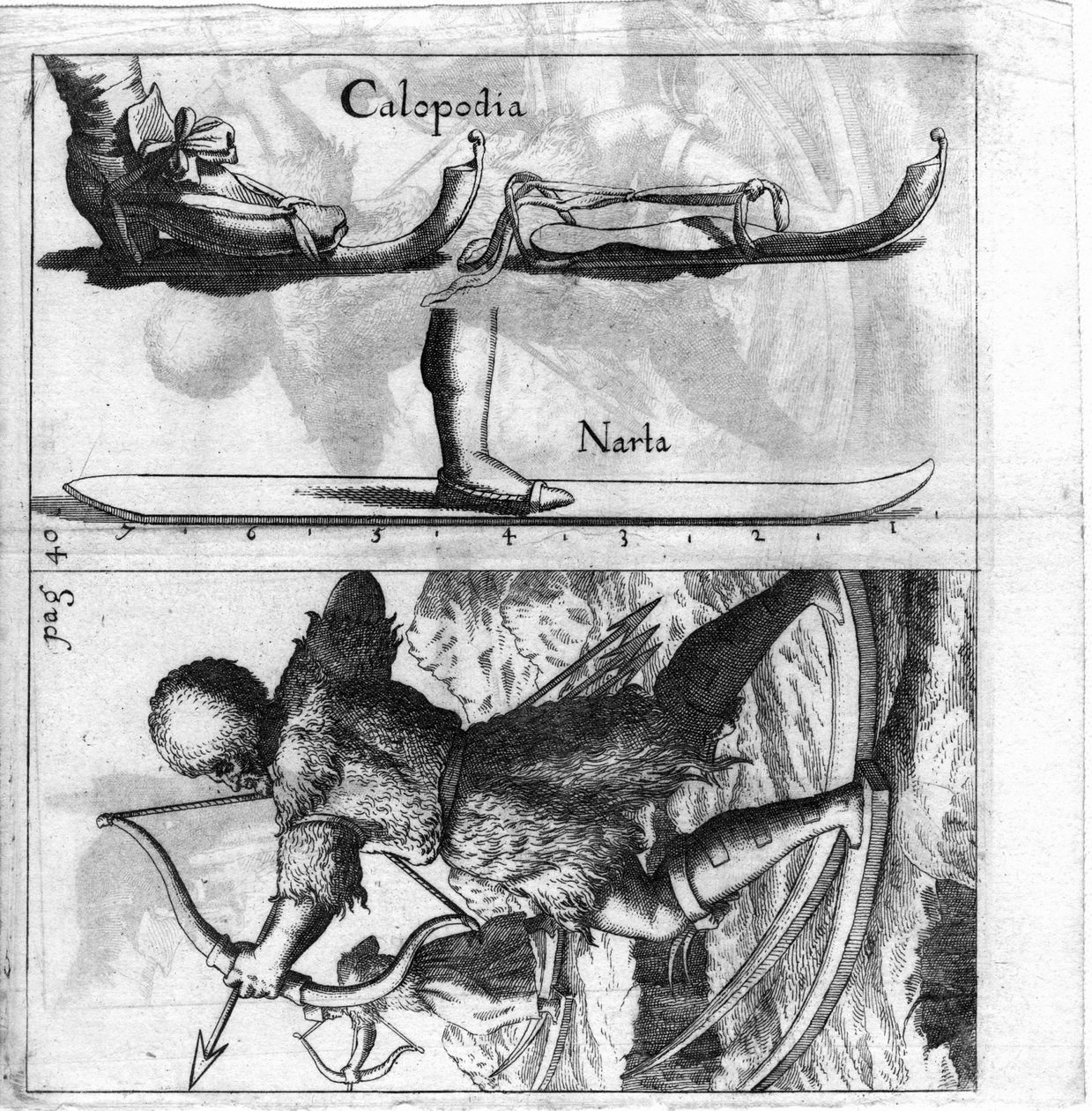 Illustrierte Tafel, die einen alten Skityp darstellt. Gravur aus dem späten 17. Jahrhundert. von Unknown artist