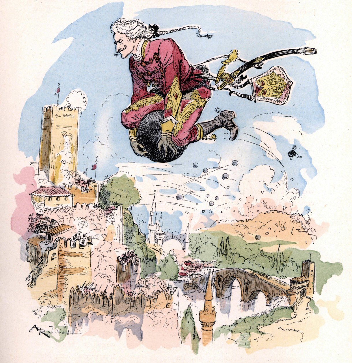 Illustration von Albert Robida in 'Histoire et aventures du Baron de ...