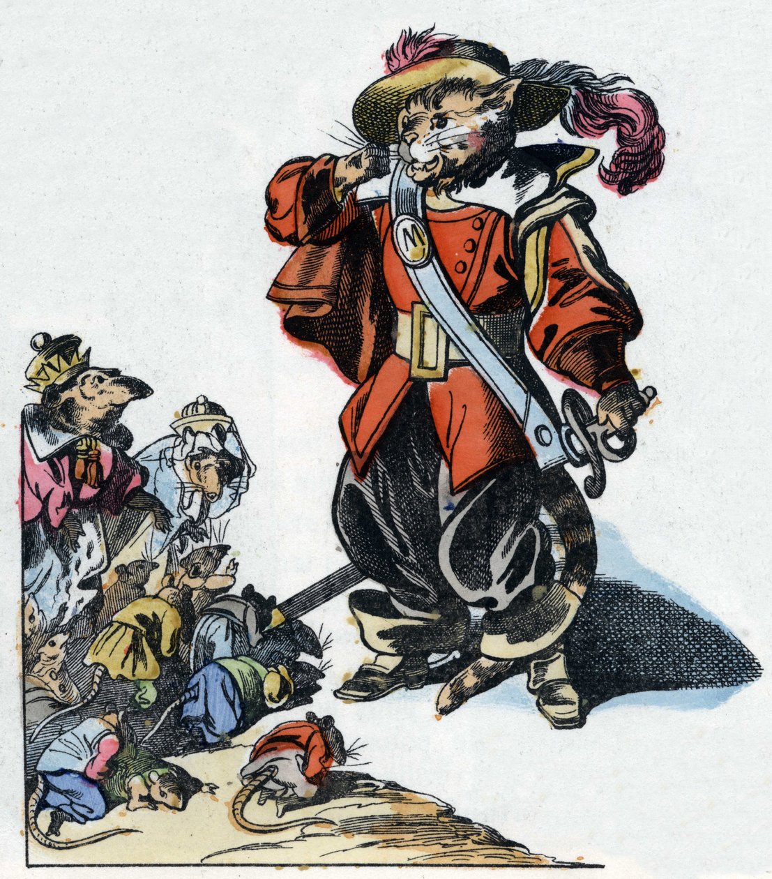 Illustration aus dem Märchen „Der schreckliche Raminagrobis und die Mäuse“ nach einer Fabel von Jean de La Fontaine. In „Märchen aus dem Heim für die Kleinen“. Anonyme Gravur aus dem 19. Jahrhundert. von Unknown artist