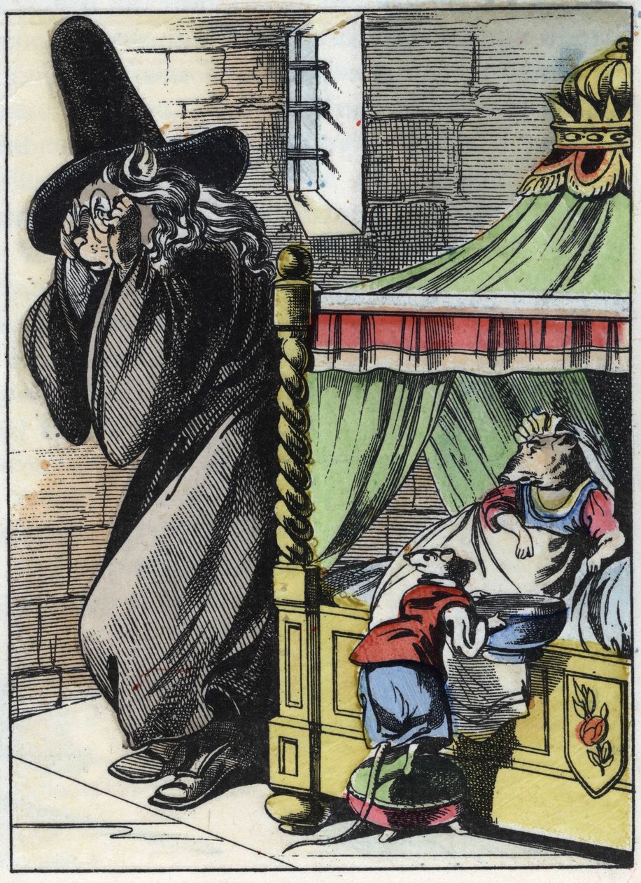 Illustration des Märchens „Der schreckliche Raminagrobis und die Mäuse“. Charakterzeichnungen von Jean de La Fontaine. In „Märchen aus dem Heim für die Kleinen“. Anonyme Gravur des 19. Jahrhunderts von Unknown artist
