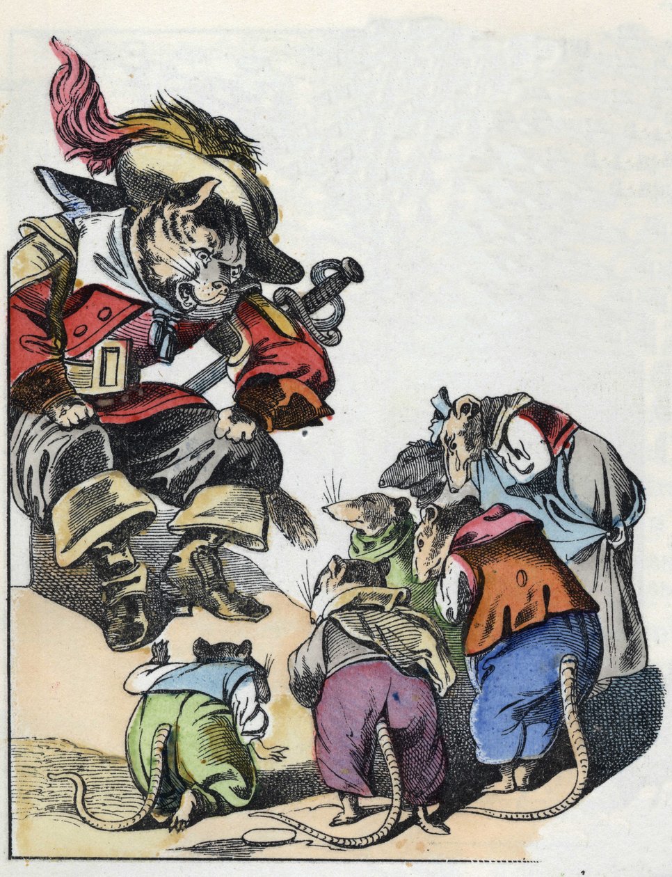 Illustration des Märchens „Der schreckliche Raminagrobis und die Mäuse“. Charakterzeichnungen von Jean de La Fontaine. In „Märchen aus dem Heim für die Kleinen“. Anonyme Gravur des 19. Jahrhunderts von Unknown artist