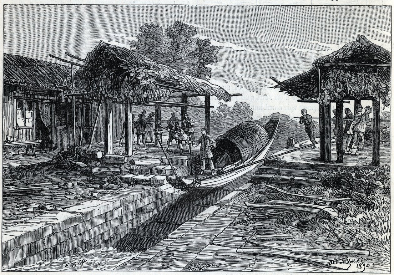 Schrägaufzug für Boote in Ning-Po (oder Ning Po in China). Gravur in „La Nature“ von Unknown artist