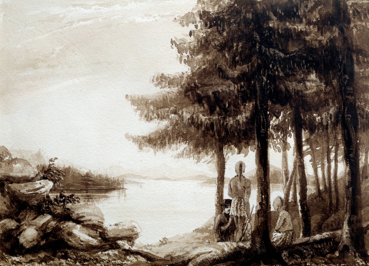 Indianer an den Ufern eines Sees. Lithografie aus dem 19. Jahrhundert ...