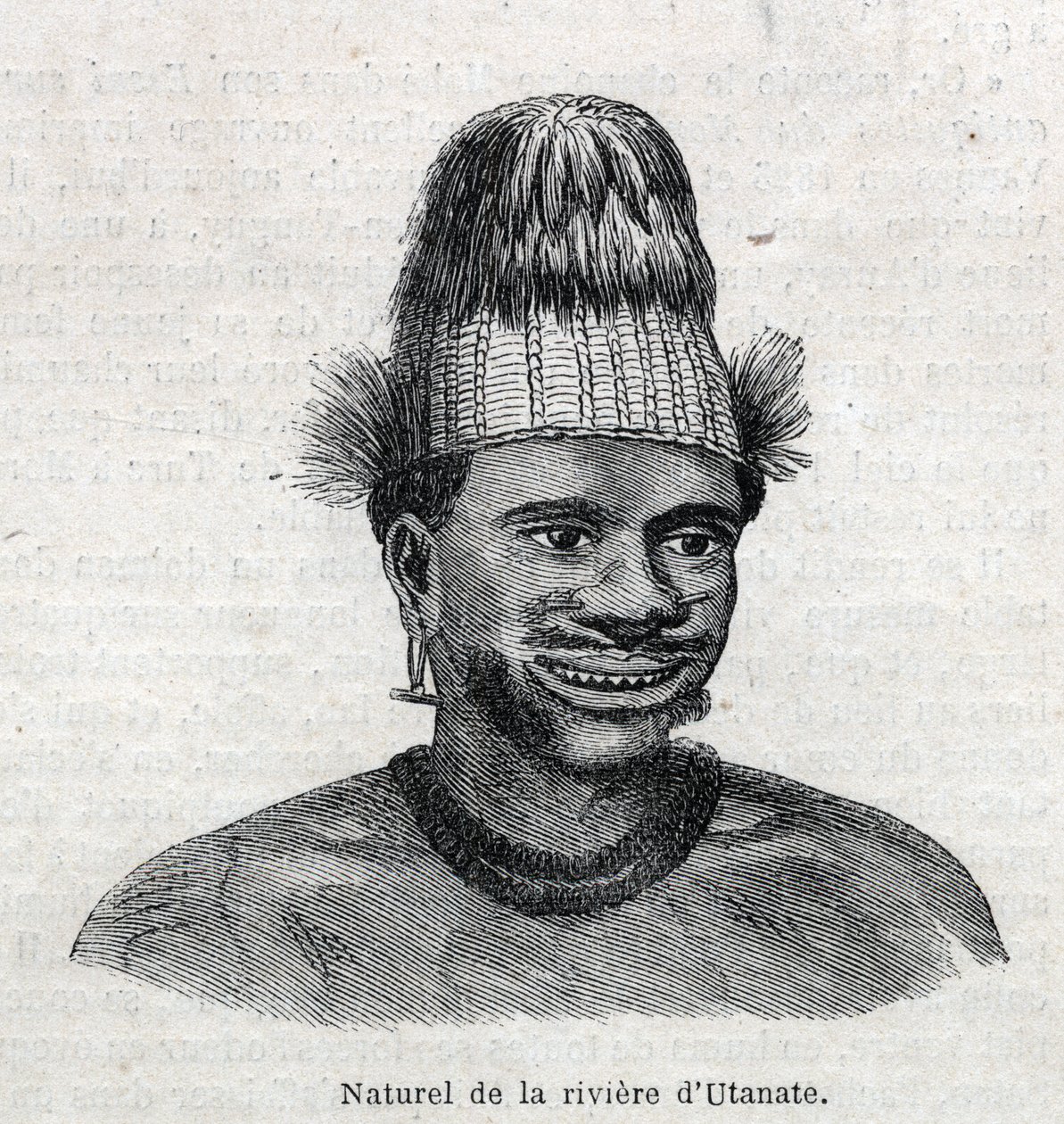 Eingeborene von Neuguinea: Einheimischer des Utamate-Flusses. Gravur in „The Illustrious Universe“ von Unknown artist