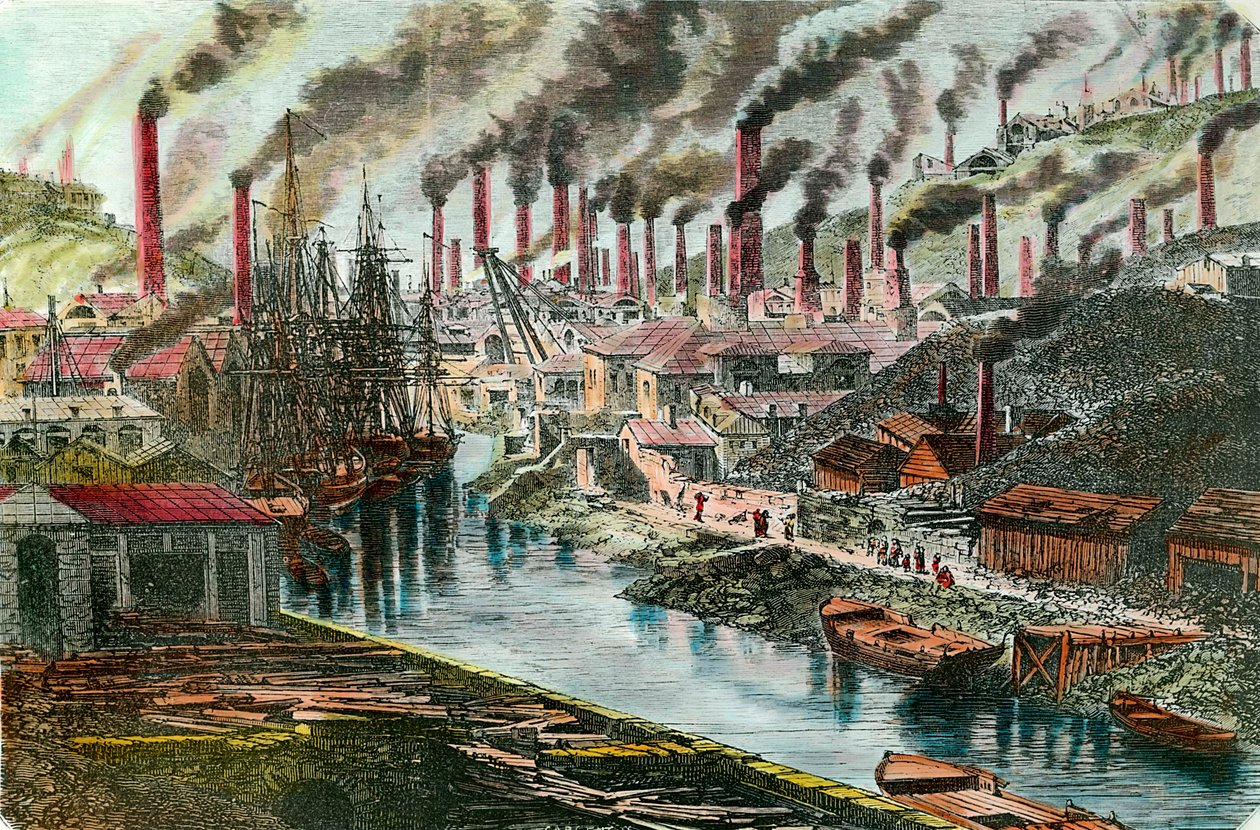Industrielle Revolution: Überblick über Mr. Vivians Kupferfabrik in Swansea, Wales. Gravur aus dem 19. Jahrhundert von Unknown artist