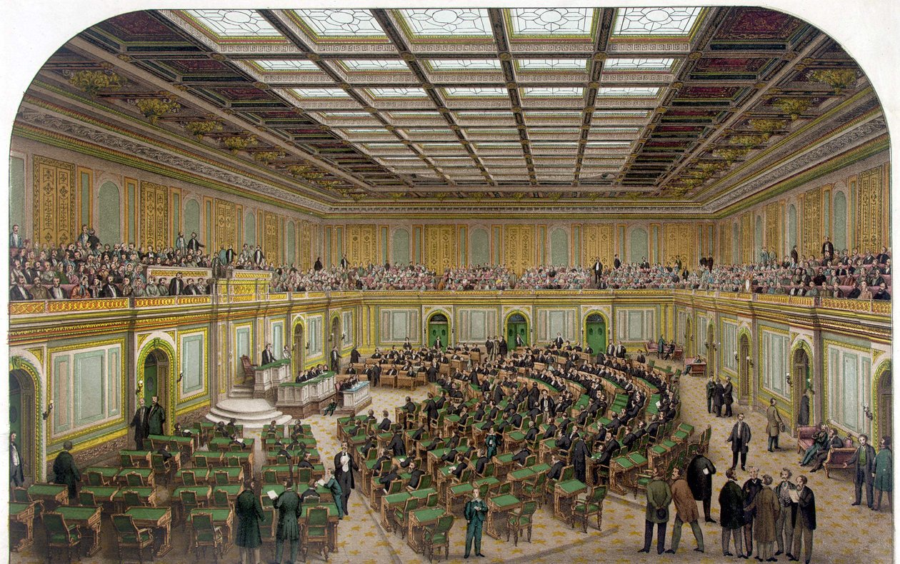 Innenansicht des Repräsentantenhauses des US-Kapitols zeigt den Kongress in Sitzung und die Zuschauer in der Galerie - Gravur 1866 von Unknown artist