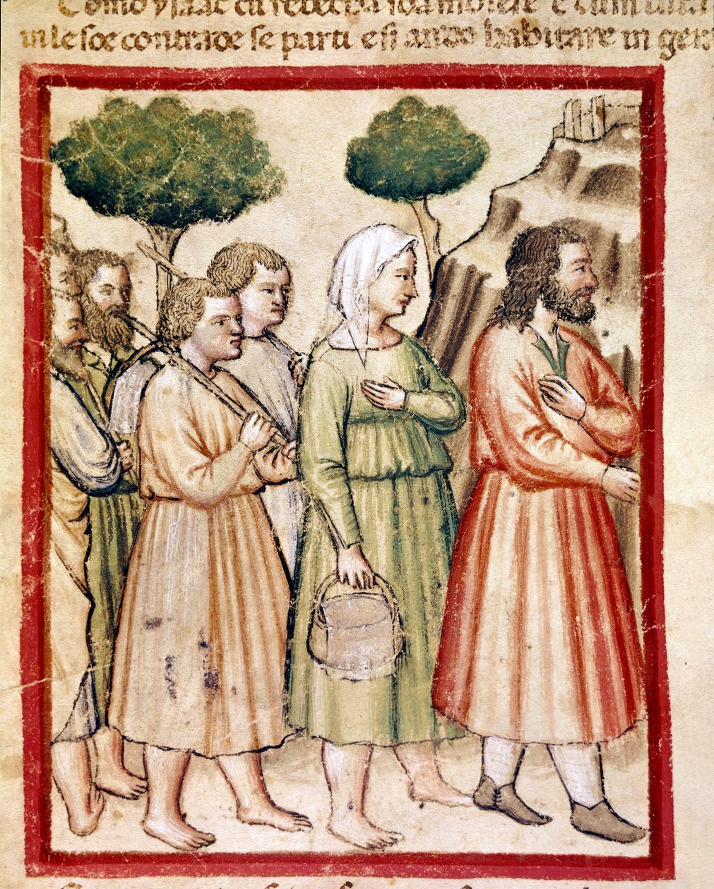 Isaak und seine Familie leiden unter Hungersnot und wandern in die Länder von König Abimelech aus. Miniatur aus Codex 212 (oder Padovano Codice oder Bibel von Padua) 1390-1400 Rovigo, Accademia dei Concordi von Unknown artist