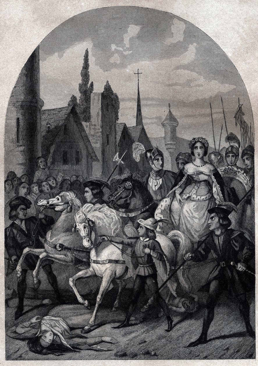 Isabella von Bayern (1371-1435) zieht 1389 in Paris ein - Einzug der Königin von Frankreich Isabeau (Isabelle, Elisabeth) von Bayern (1371-1435) in Paris - Gravur von 1842 in „Histoire des popes: crimes, murders, poisonings, parricides, adulteres, incest.. von Unknown artist