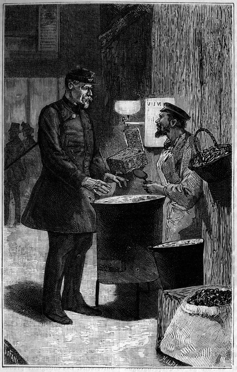 Jacques Gaudry bei einem Kastanienhändler. Gravur in „Le journal de la jeunesse“ von Unknown artist