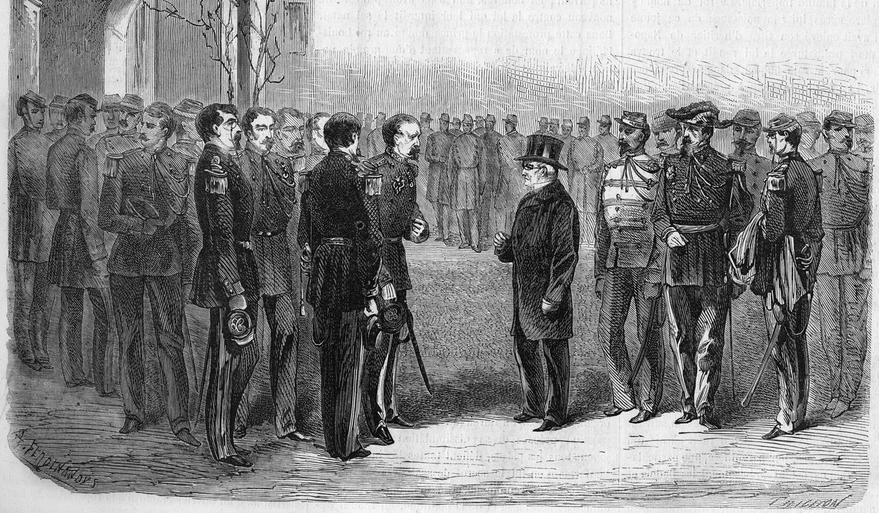 Januar 1873: Adolphe Thiers (1797-1877), französischer Politiker, Präsident der Republik, begleitet vom Kriegsminister und General Hartung besucht die École Polytechnique. Gravur von 1873. von Unknown artist