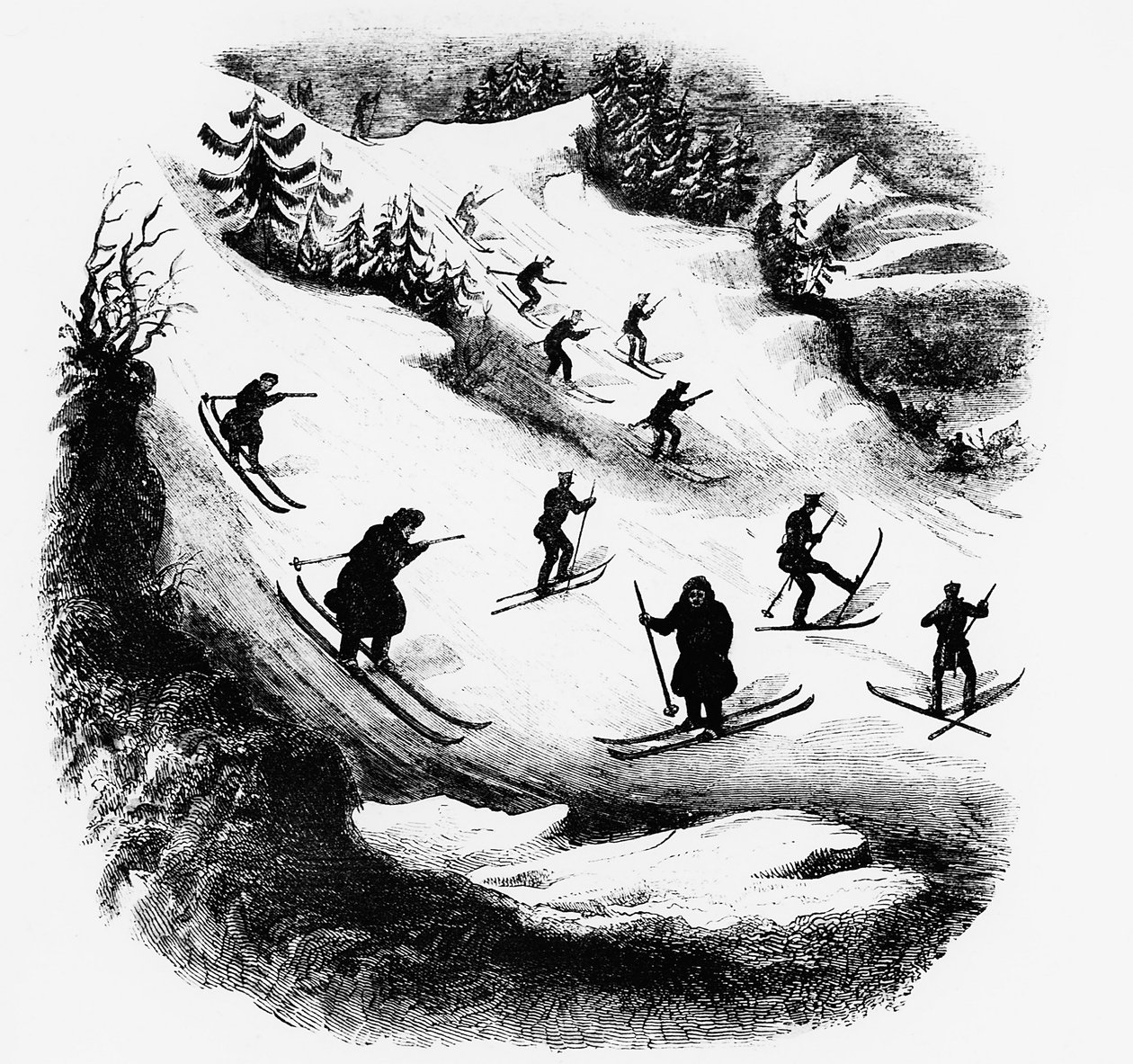 Spiele des Nordens: Skifahrer auf einer Piste - Gravur, Ende des 19. Jahrhunderts von Unknown artist