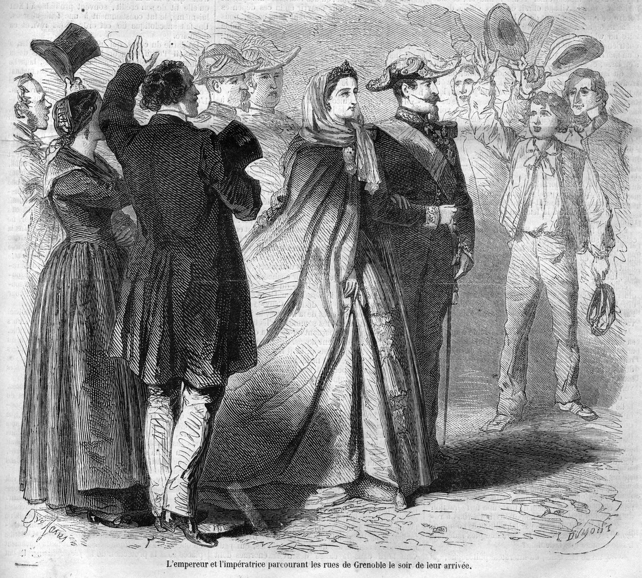 Reise von Kaiser Napoleon III (1808-1873) und seiner Frau Eugénie de Montijo (1826-1920) in das Herzogtum Savoyen nach der Annexion der Grafschaft Savoyen (März Turiner Vertrag): hier das kaiserliche Paar geht durch die Straßen von Grenoble. Gravur aus „Le von Unknown artist