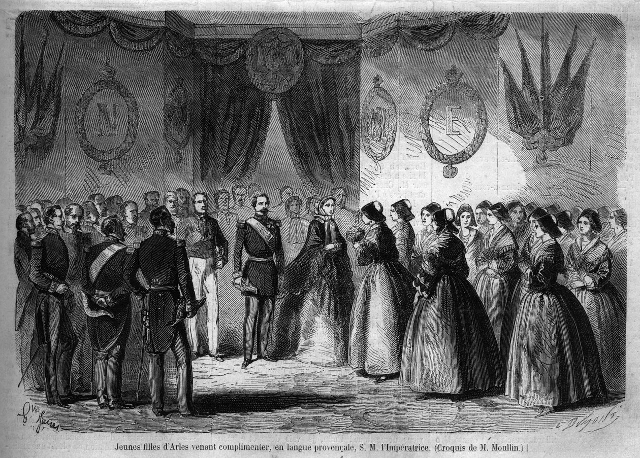 Reise von Kaiser Napoleon III. (1808-1873) und seiner Frau Eugenie de Montijo (1826-1920) ins Herzogtum Savoyen nach der Annexion der Grafschaft Savoyen (März Turiner Vertrag): hier besucht das kaiserliche Paar Arles und trifft junge Mädchen aus der Region von Unknown artist