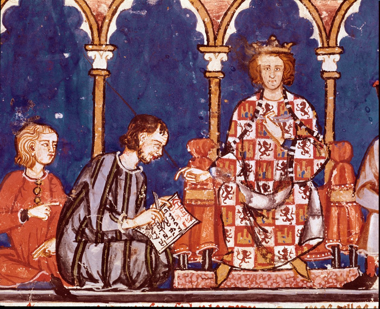 König Alfons X. der Weise assistiert einem Schreiber. Detail einer Miniatur aus dem Buch der Spiele von Alfons X. dem Weisen „Das Buch der Schachspiele, Würfel und Tafeln“ von Unknown artist