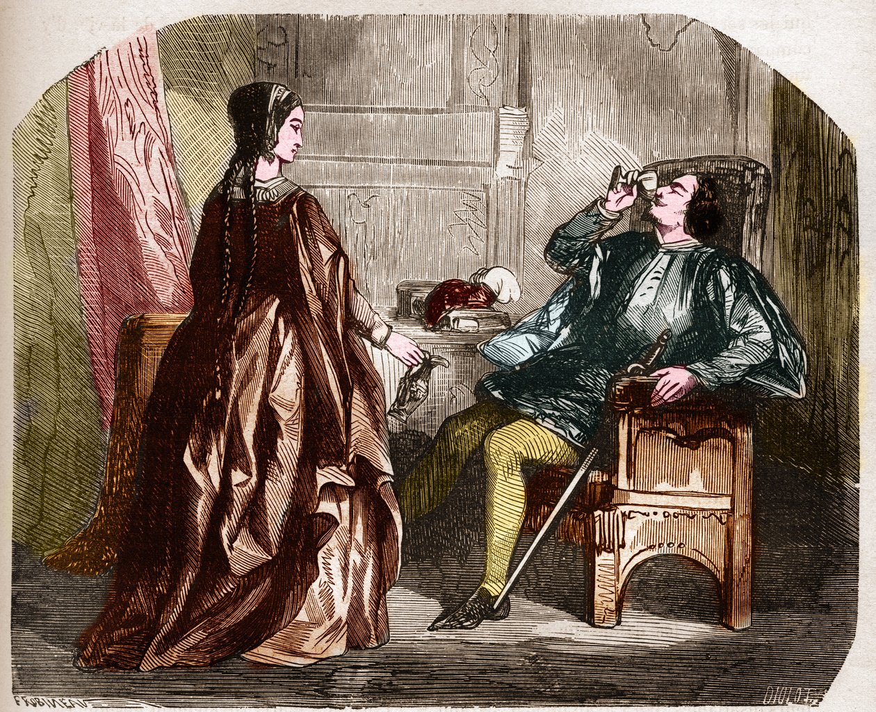 König Karl VI. von Frankreich, bekannt als Karl der Gute, dann Karl der Wahnsinnige (1368-1422) mit seiner Geliebten Odinette de Champdivers. Gravur in „Die Geschichte der Prostitution und Ausschweifung unter allen Völkern der Welt von der Antike bis zur.. von Unknown artist