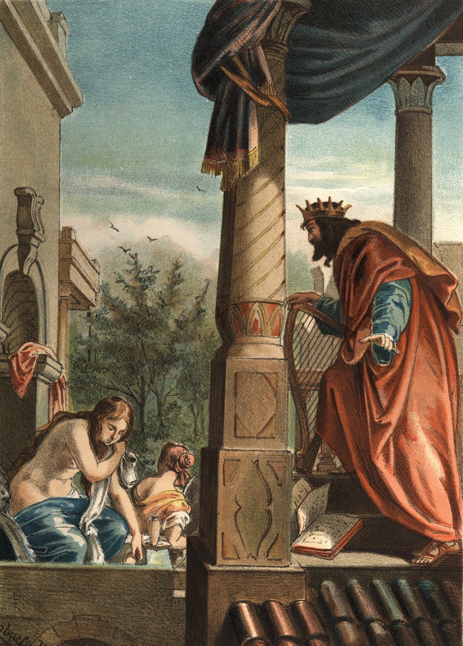 König David und Bathseba, seine zukünftige Frau im Bad, in „El Culto de la Hermosura“ von Juan Justo Huguet von Unknown artist