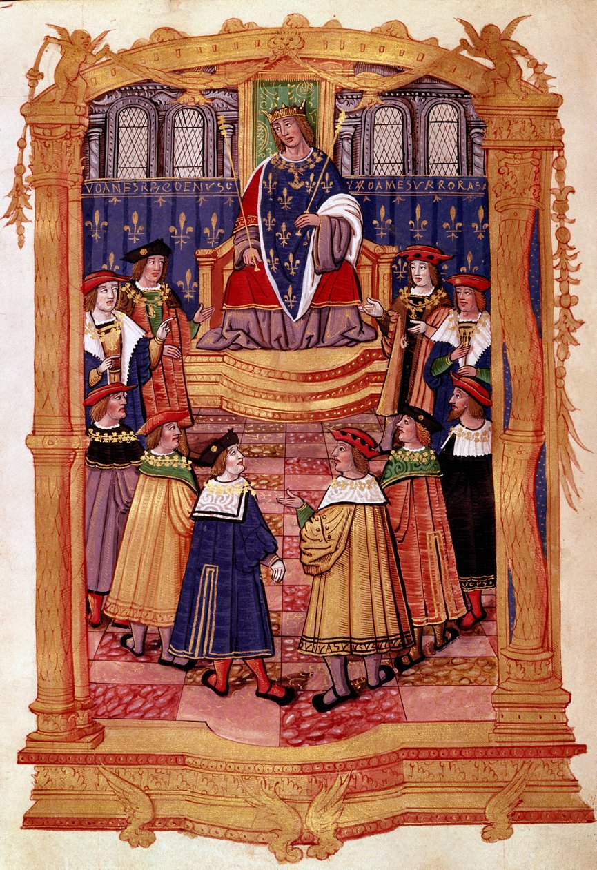 König Ludwig XI. (1423-1483) und die Ritter des Ordens vom Heiligen Michael. Miniatur aus dem Manuskript „Statuten des Ordens vom Heiligen Michael“ 15. Jahrhundert. Mailand, Biblioteca Trivulziana von Unknown artist