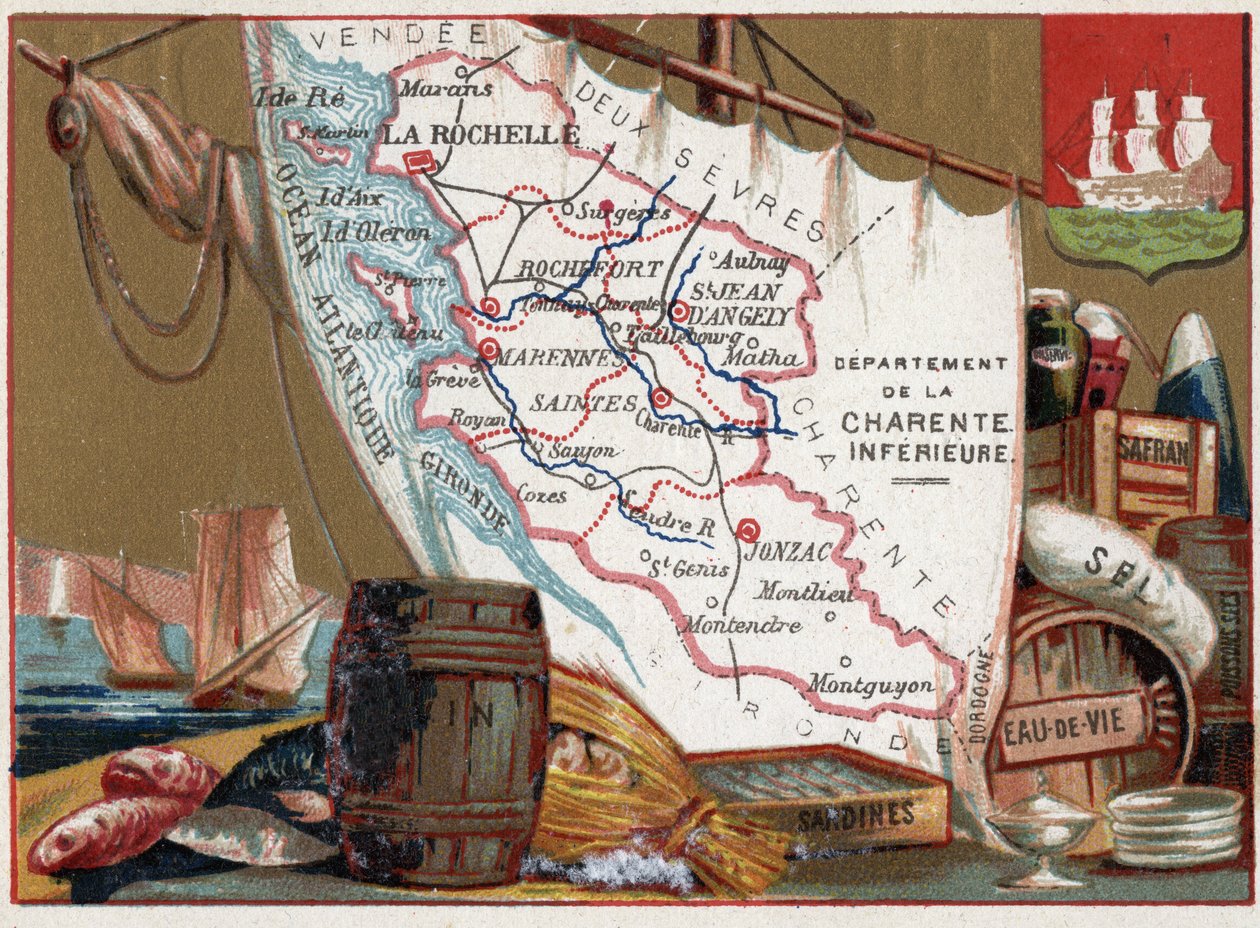 La Charente Inférieure, Poitou-Charentes, Frankreich. Wein, Brandy, Sardinen, Salz, Safran, Trockenfisch, ca. 1920 von Unknown Artist