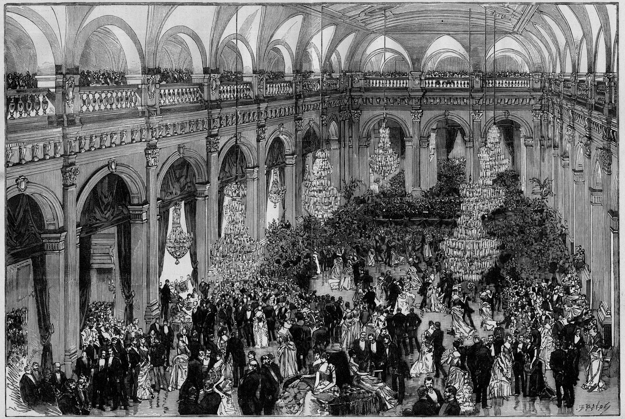 Der große Festsaal des Hôtel de Ville de Paris während der jährlichen Feier der Gemeinde. Gravur in „Le monde illustré“ 1885 von Unknown artist
