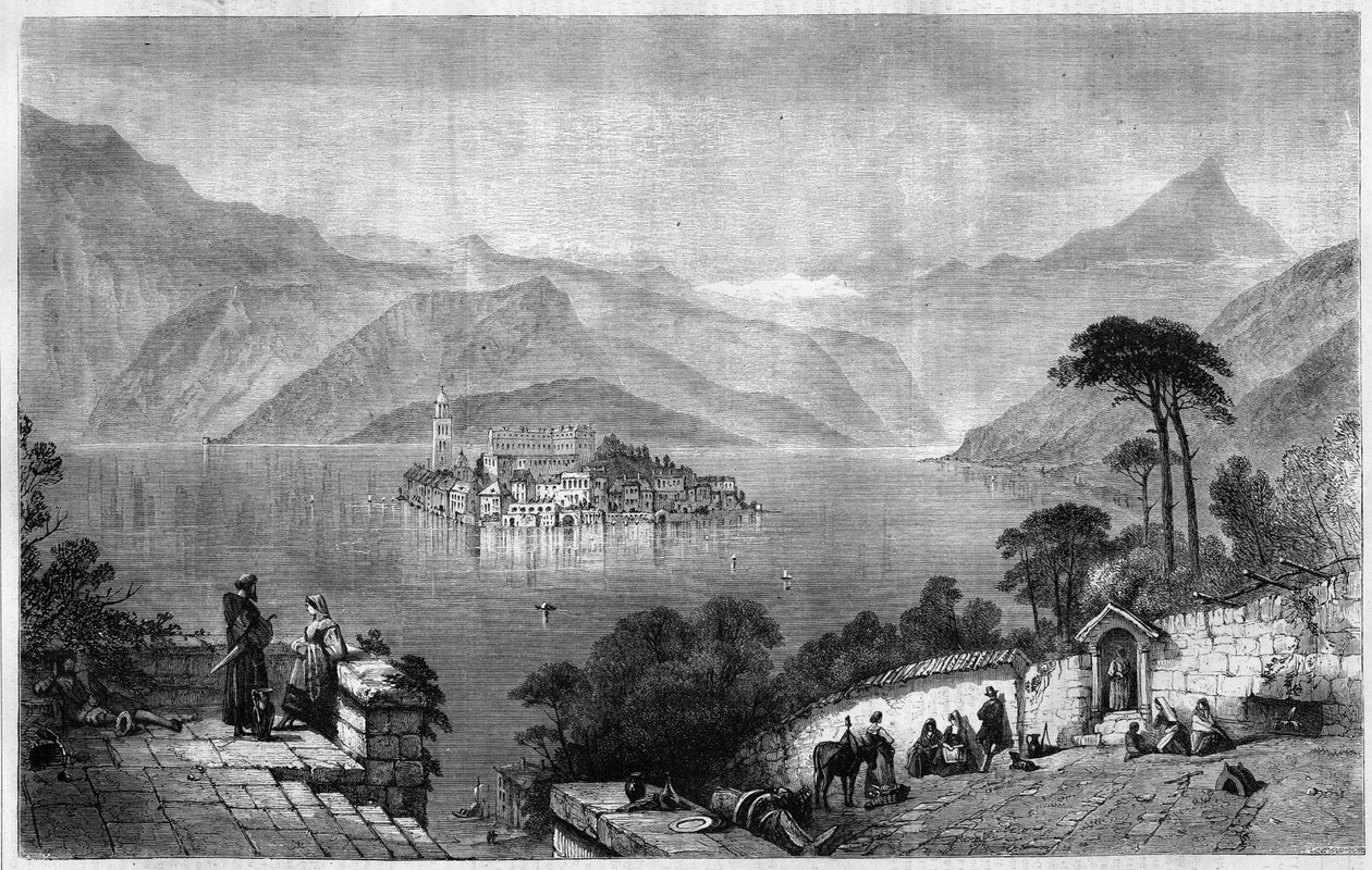 Der Ortasee (Lago Cusio) mit der Insel San Giulio in der Provinz Novara, Italien. Gravur von 1865 von Unknown artist