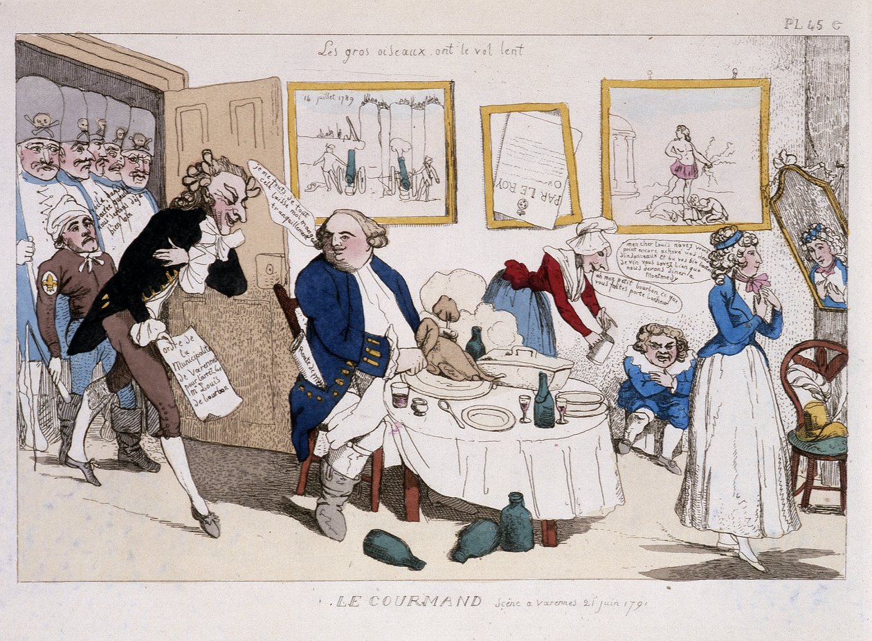 Der Feinschmecker (Mahlzeit von Ludwig XVI. und Marie Antoinette während der Flucht nach Varennes) - in „Musée de la caricature“ von Unknown artist