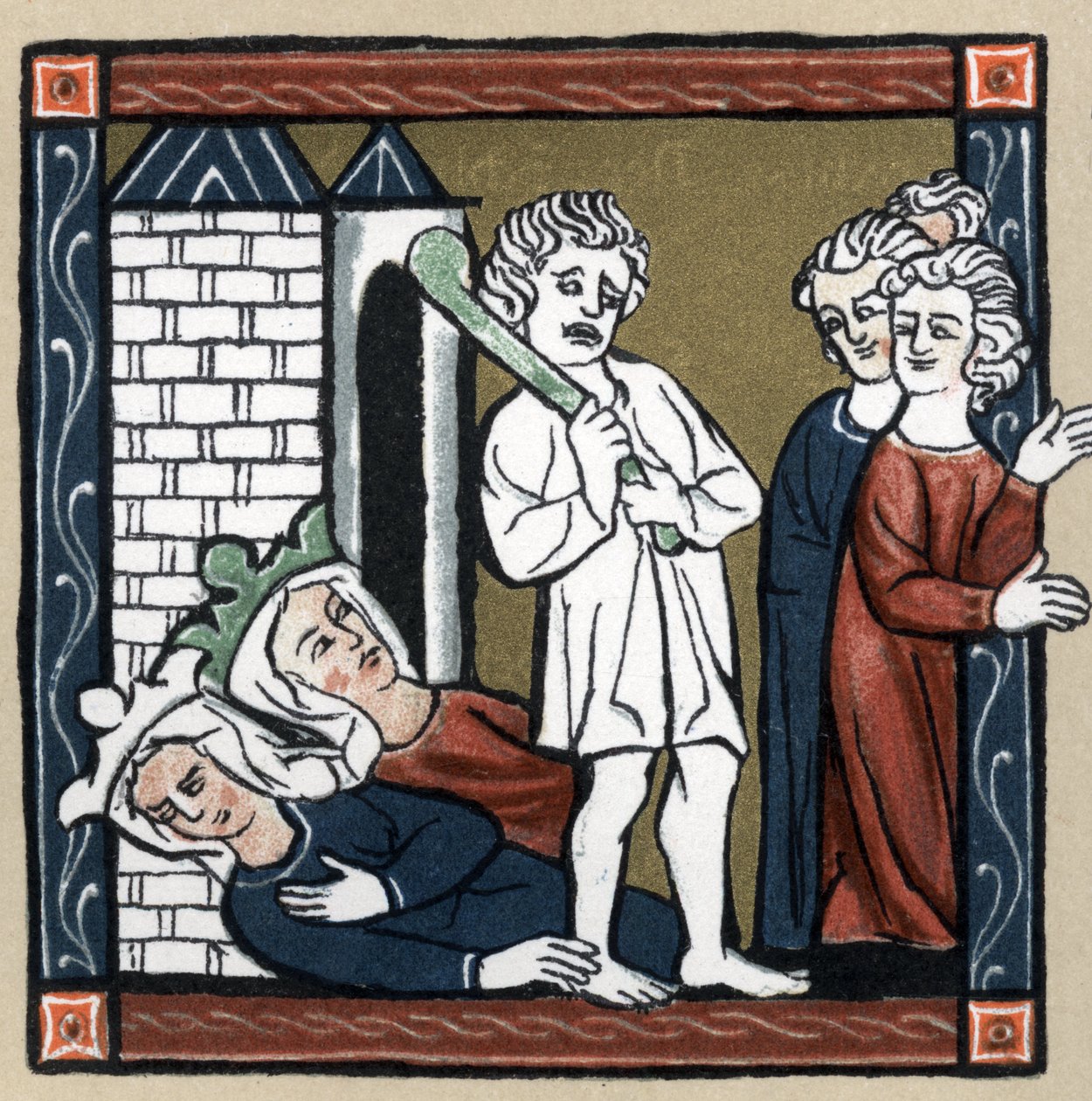 Artuslegende: Lancelot du Lac befreit Königin Guinevere und ihre Freundin aus der Burg, die in Ohnmacht fallen und die Bewohner fliehen. In „Geschichte der Französischen Literatur“ von Hermann Suchier. von Unknown artist