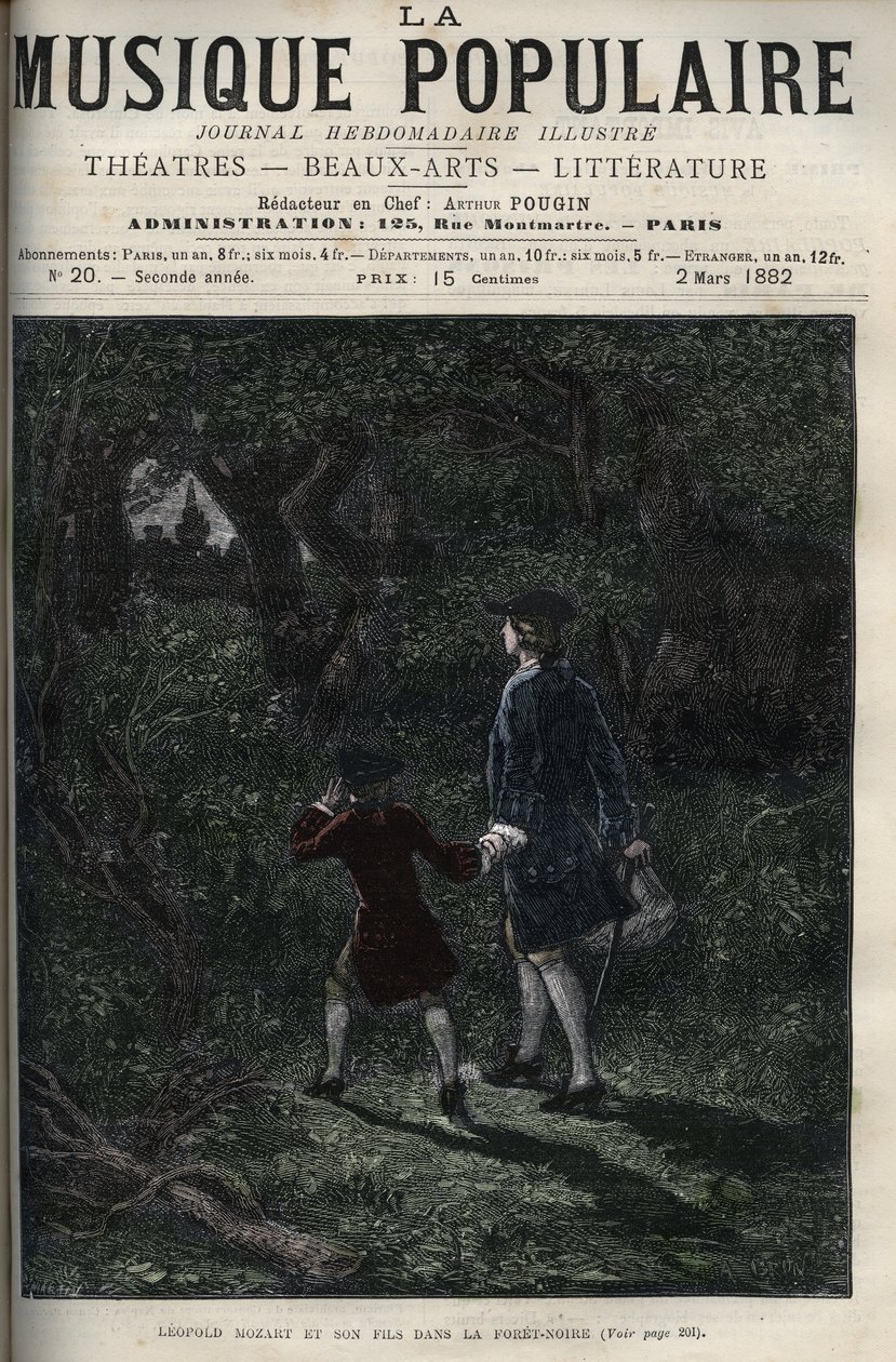 Leopold Mozart und sein Sohn Wolfgang Amadeus im Schwarzwald - Gravur in „La musique populaire“ - illustriertes Wochenblatt - 1882 von Unknown artist