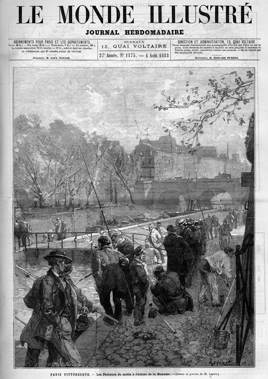 Die Morgenfischer an der Schleuse de la Monnaie in Paris. In „Le Monde Illustré“ von Unknown artist