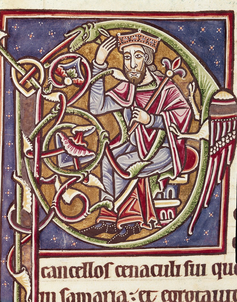 Lettrine P dekoriert mit der Darstellung des Königs des Landes Moab. Miniatur aus einer Bibel (Ms 3088) 12. Jahrhundert Coimbra, Bibliothek der Universität von Unknown artist