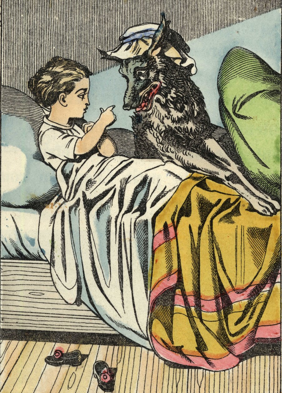 Rotkäppchen fragt den Wolf: „Großmutter, warum hast du so große Zähne?“ Illustration des Märchens „Rotkäppchen“ von Charles Perrault. von Unknown artist