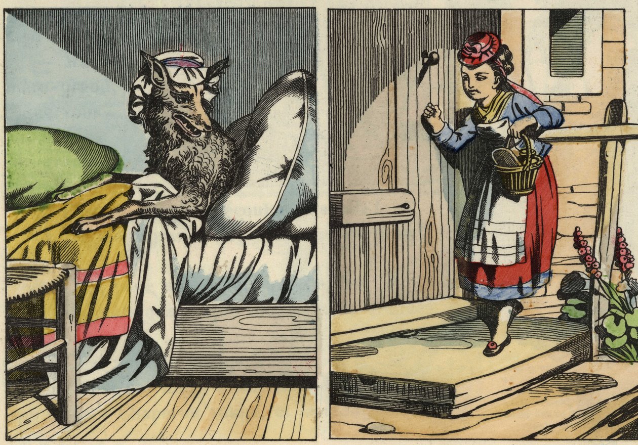 Rotkäppchen klopft an die Tür ihrer Großmutter. Illustration aus dem Märchen „Rotkäppchen“ von Charles Perrault von Unknown artist