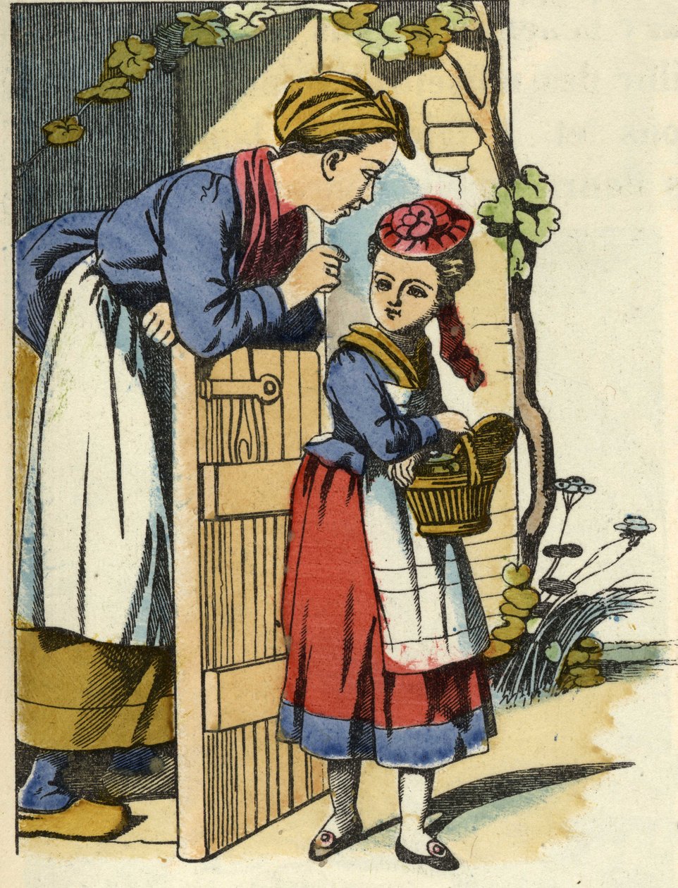 Rotkäppchens Mutter gibt ihr letzte Empfehlungen, um zum Haus der Großmutter zu gehen. Illustration des Märchens „Rotkäppchen“ von Charles Perrault von Unknown artist