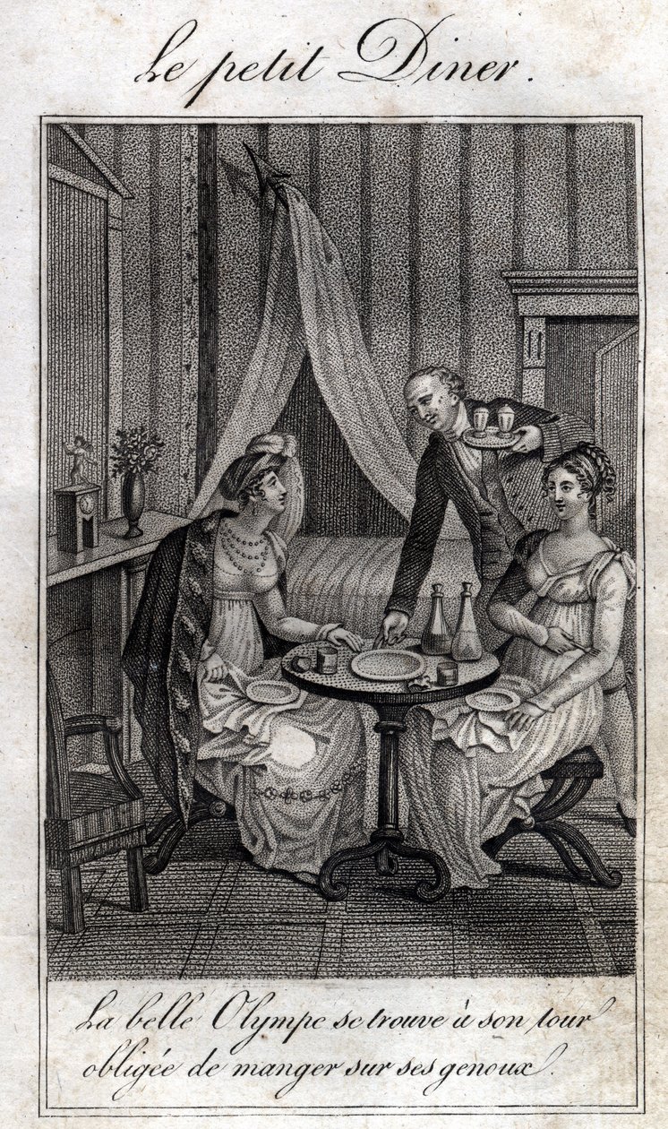Kleines Abendessen. Olympe de Gouges (1748-1793), französische Schriftstellerin und Revolutionärin mit Céline, einer ihrer Freundinnen. von Unknown artist