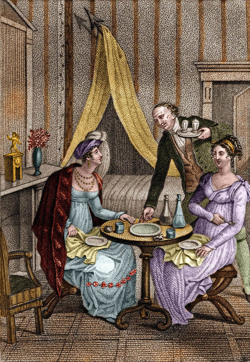 Kleines Abendessen. Olympe de Gouges (1748-1793), französische Schriftstellerin und Revolutionärin, mit Céline, einer ihrer Freundinnen. In „Ratschläge an meine Tochter“ von Jean Nicolas Bouilly (1763-1842). 1820. Private Sammlung. von Unknown artist