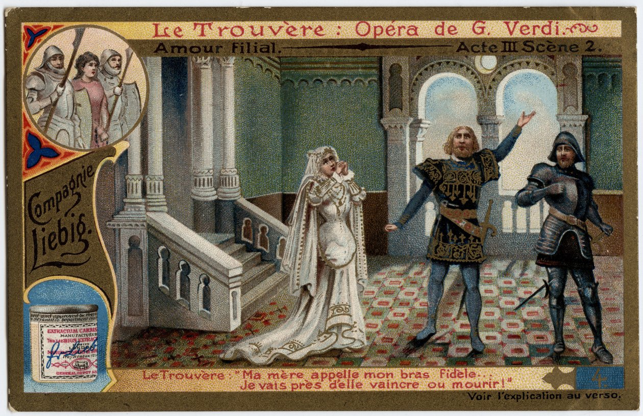 Liebe und Pflicht, Akt III Szene 2. Illustration für die Oper „Il trovatore“ von Giuseppe Verdi (1813-1901). Chromolithographie (Chromo) Liebig aus dem späten 19. Jahrhundert. von Unknown artist