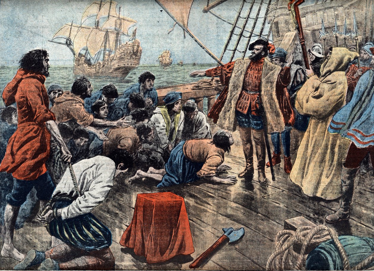 Magellan (1480-1521) beruhigt eine Meuterei seiner Crew auf San Julian im Jahr 1520 (Gravur) von Unknown Artist