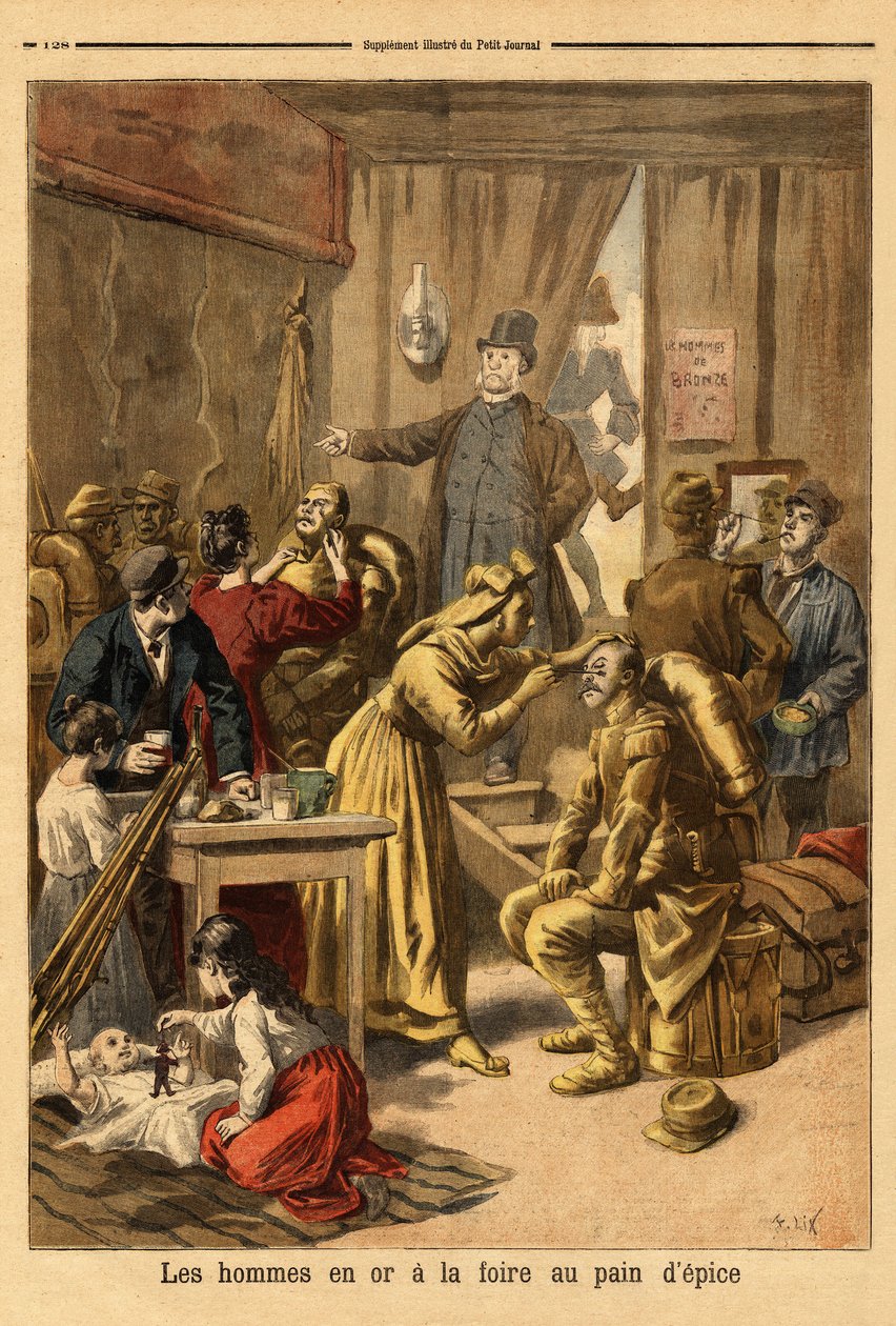 Schminken von Schauspielern eines lebenden Gemäldes „Männer in Gold“ für die Lebkuchenmesse. Gravur in „Le petit journal“ 16/04/1894. Selva Sammlung. von Unknown artist