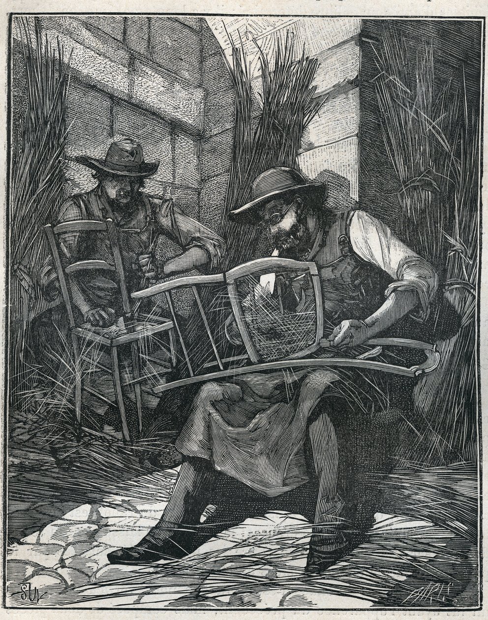 Herstellung von Stühlen: Stuhlgeflecht und -bespannung. Gravur von 1885 in „Les arts et métiers illustrés“ von Adolphe Bitard. von Unknown artist