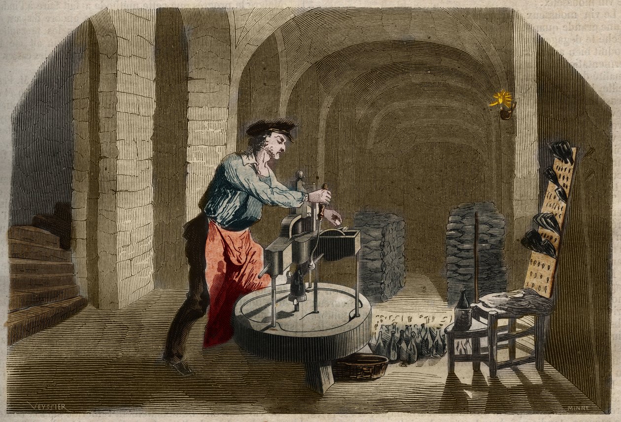 Herstellung von Champagner: Abfüllmaschine, die in einem Keller verwendet wird. Gravur von 1858 im „Le Musée Des Sciences“. von Unknown artist