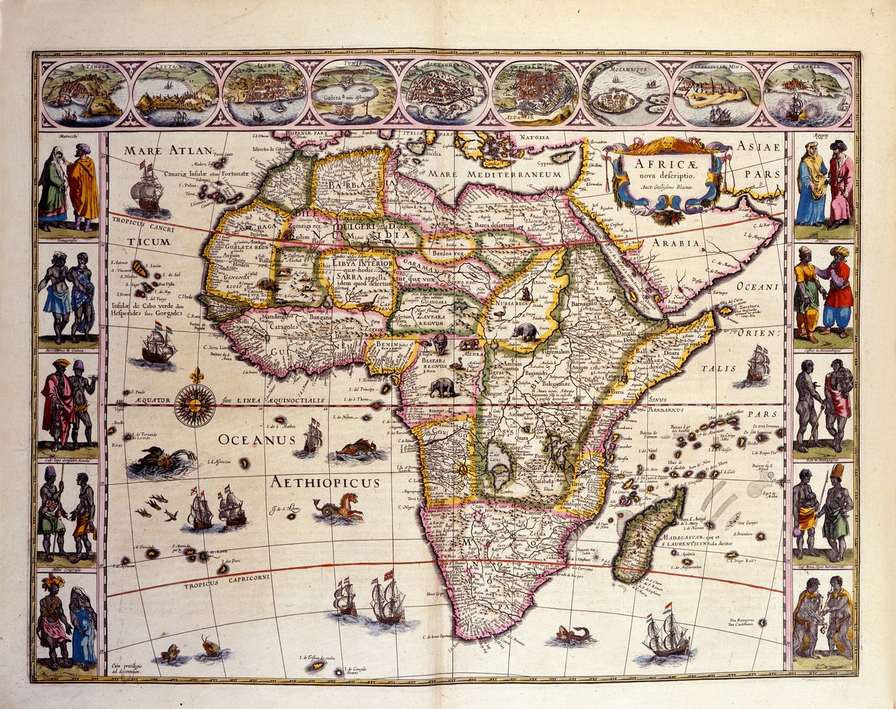 Karte von Afrika aus William Blaeus Atlas. Oben sind die Städte Tanger, Ceuta, Algier, Tunis, Alexandria, Alcair, Mosambik, Saint Georges de la Mina, Kanarische Inseln. Verschiedene Inseln sind auch vor Afrika dargestellt, die Maskarenen-Inseln, Mada von Unknown artist