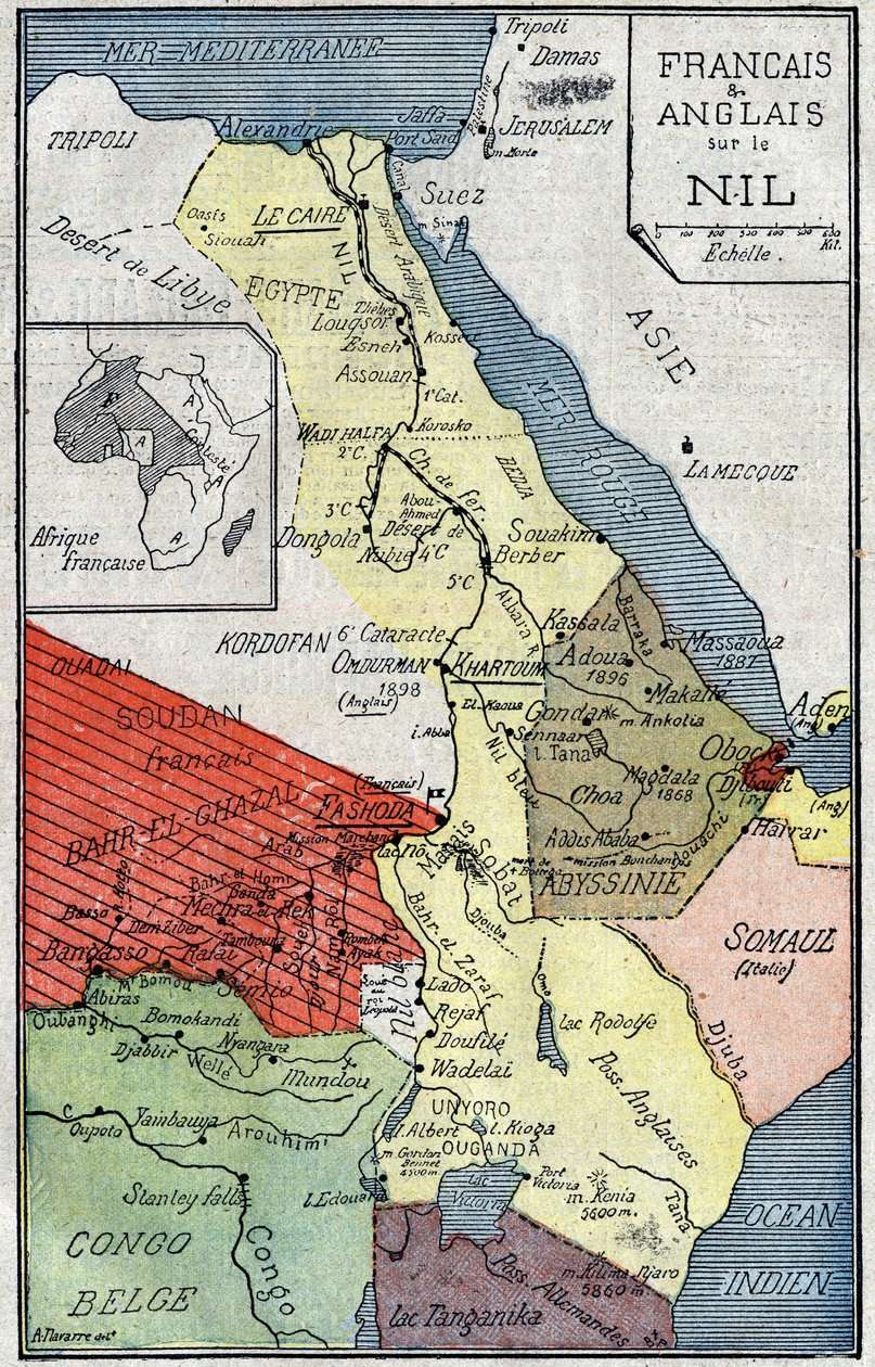 Karte der von Franzosen und Engländern entlang des Nils kolonisierten afrikanischen Gebiete. Illustration in „Le Pelerin“ vom 2. Oktober von Unknown artist