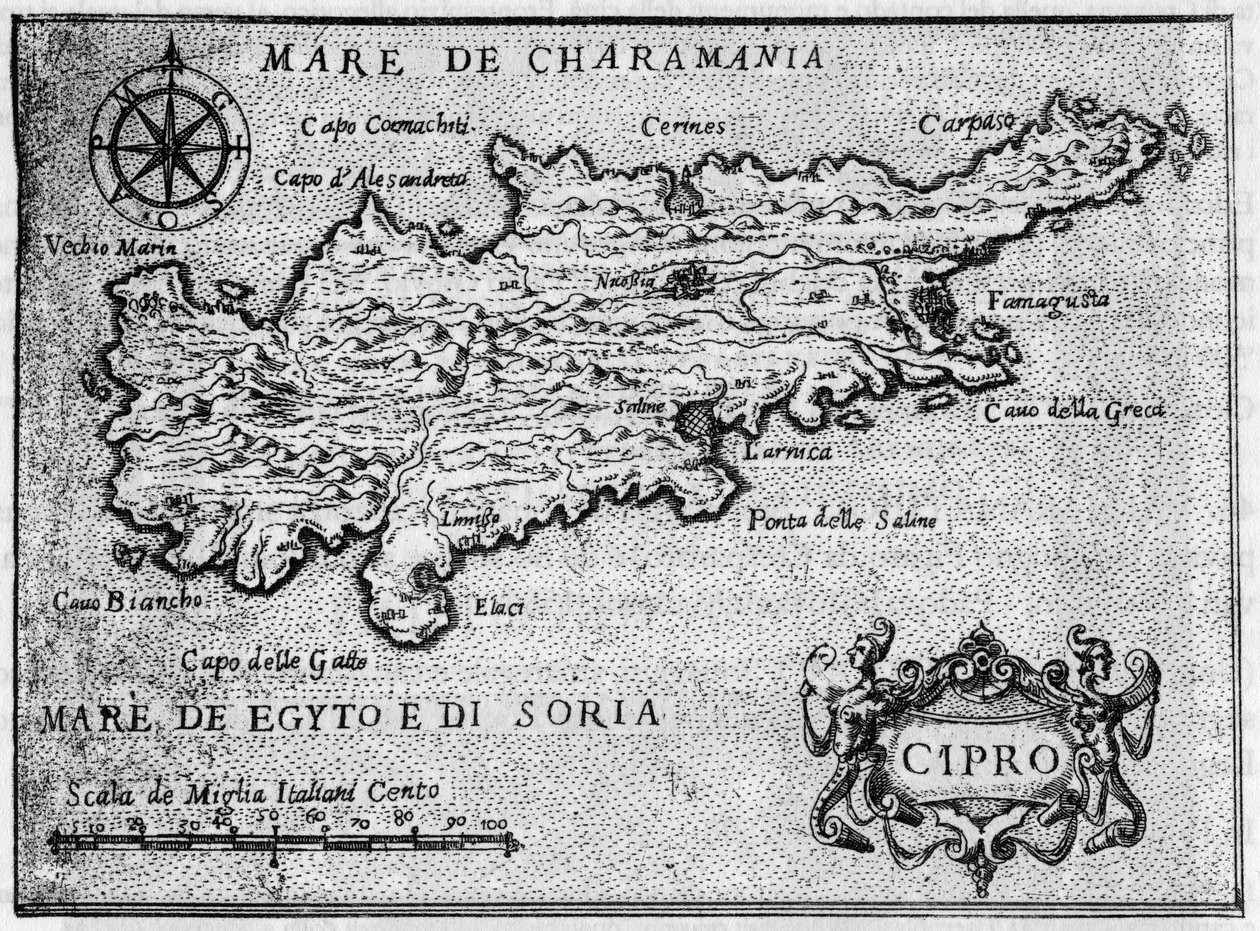 Karte der Insel Zypern (Cipro) im Jahr 1587 in „Il devotissimo viaggio di Gerusalemme“. von Unknown artist
