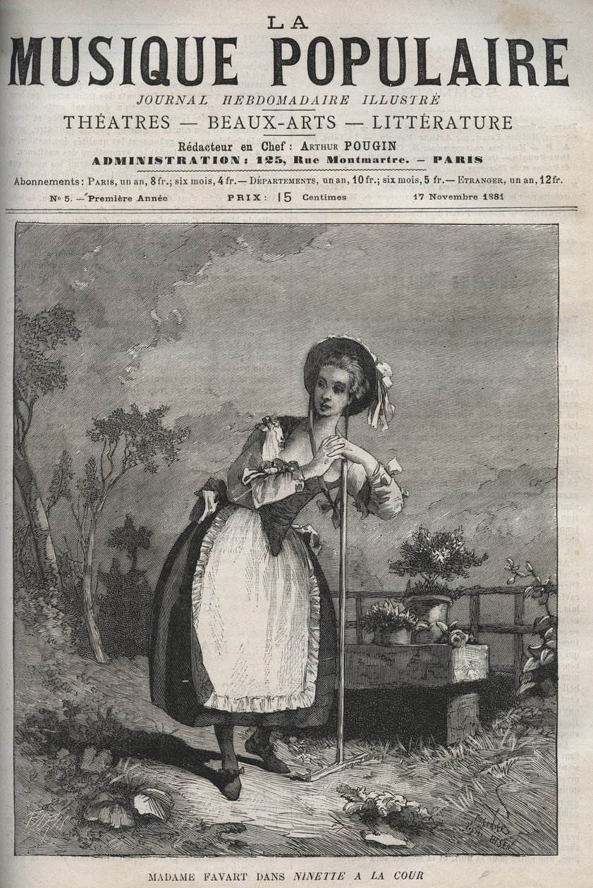 Marie Justine Benoite Duronceray (Madame Favart) in „Ninette à la cour ou le Caprice amoureux“ - Komödie in drei Akten und Versen von Charles Simon Favart - Gravur in „La musique populaire“ - illustriertes Wochenblatt von Unknown artist