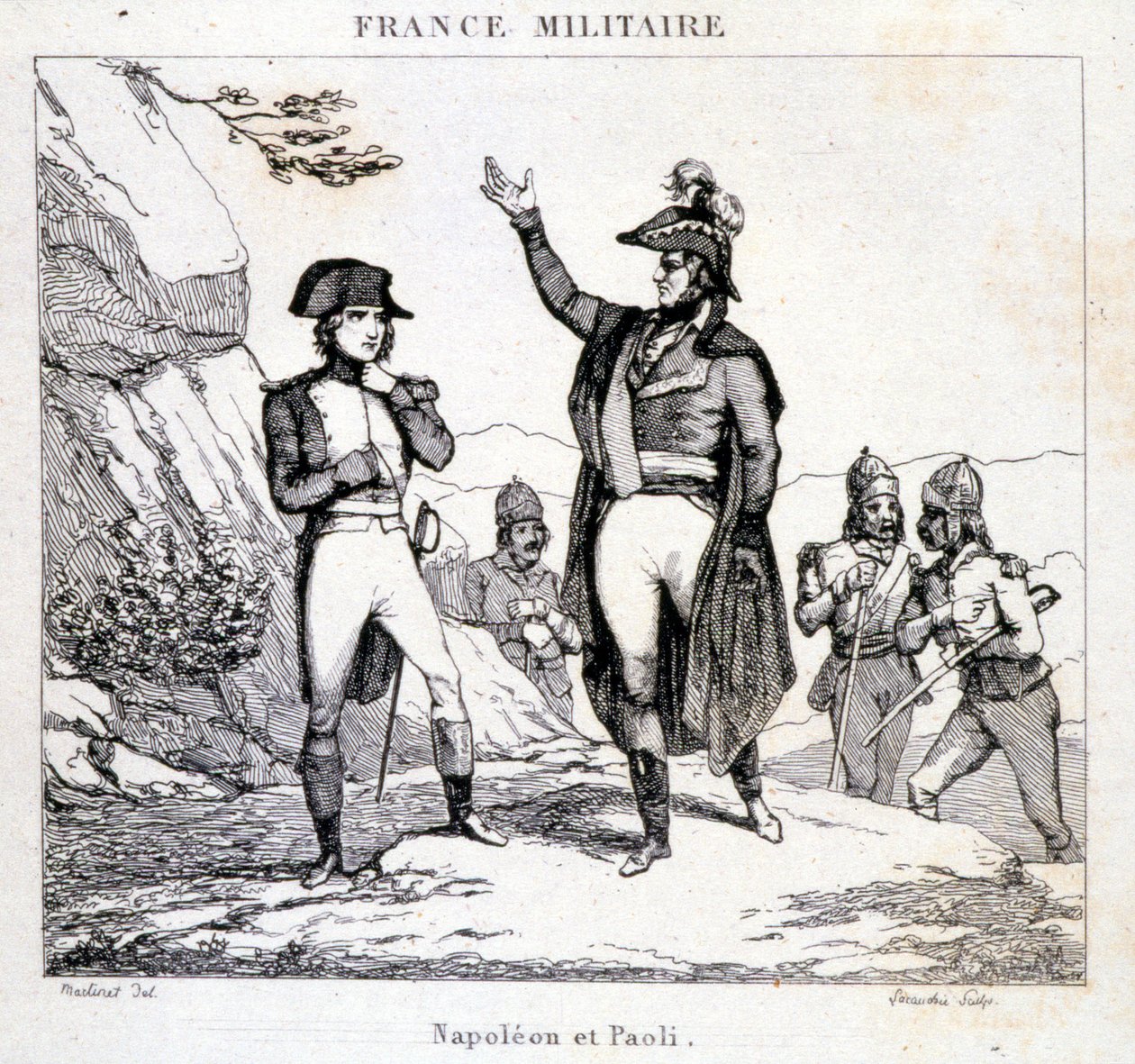 Treffen von Napoleon Bonaparte und Pasquale oder Pascal Paoli (1725 - 1807), korsischer Patriot. Gravur des 19. Jahrhunderts von Unknown artist