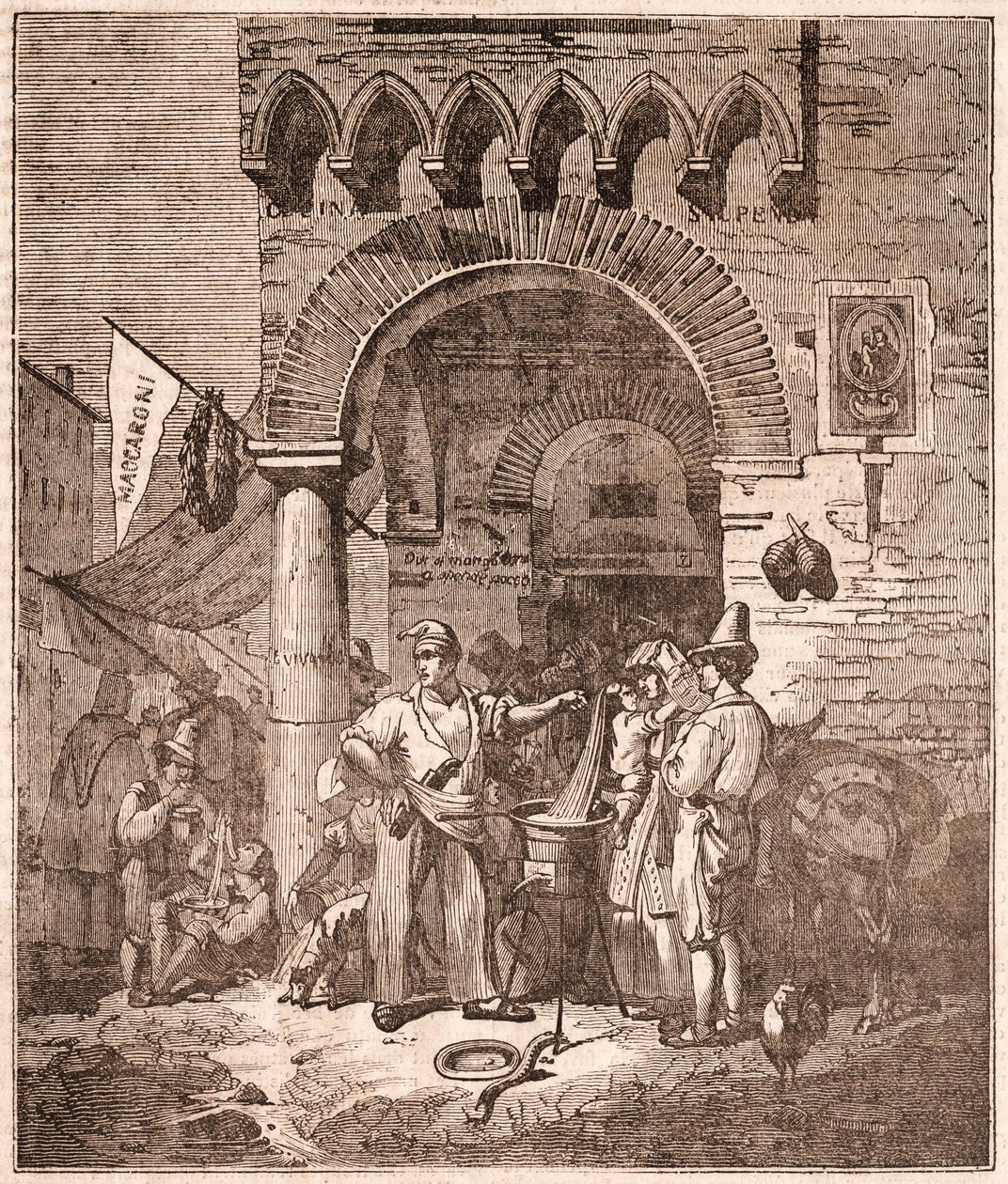 Händler kocht Pasta in einem Topf, italienische Szene (Gravur) von Unknown artist