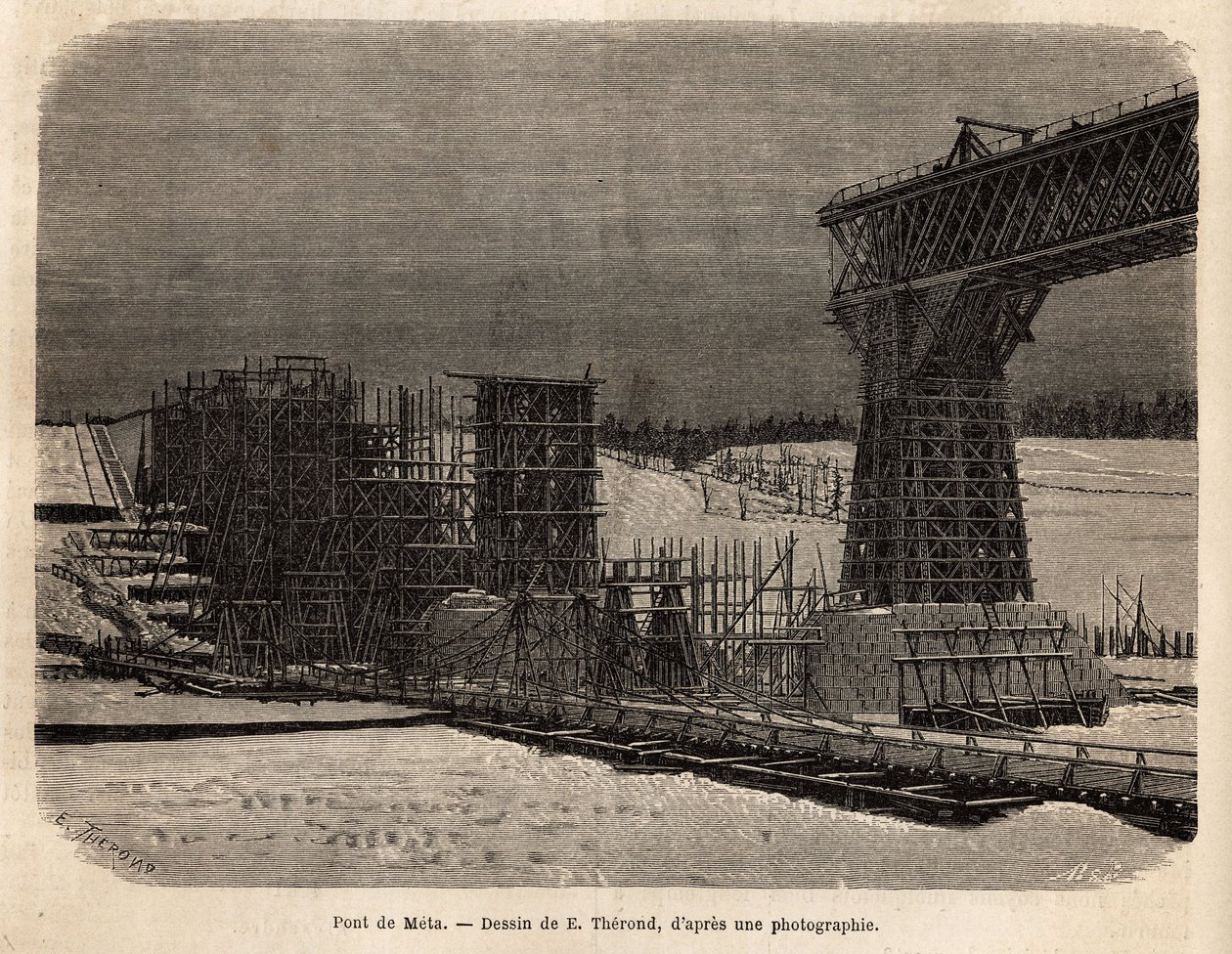 Meta-Brücke (Ukraine), im Bau. Gravur zur Illustration von La Russie libre, von William Hepworth Dixon, 1869, veröffentlicht in „Le tour du monde“ 1872, herausgegeben von Edouard Charton, Hachette-Ausgabe, Paris. Selva-Sammlung von Unknown artist