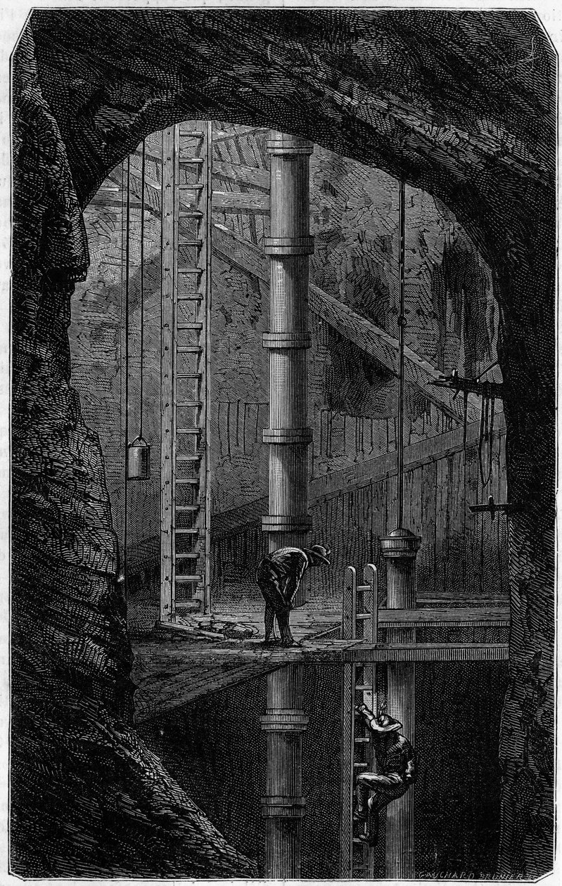 Bergleute in einer Zinnmine in Cornwall, England. Gravur im Journal „La jeunesse“ von Unknown artist